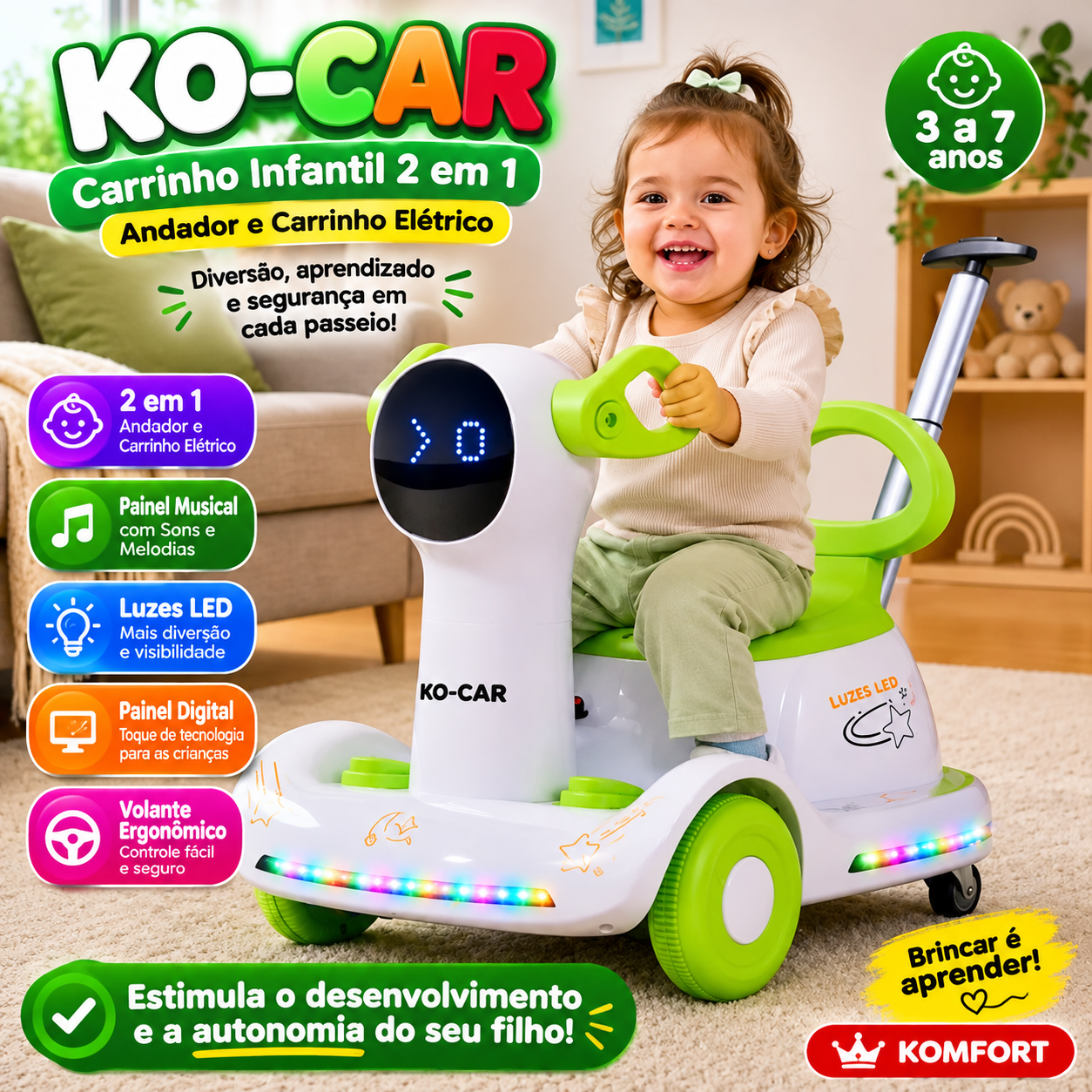 Carrinho Infantil Montável 2 em 1 com Luzes e Sons – Ko-Car Komfor
